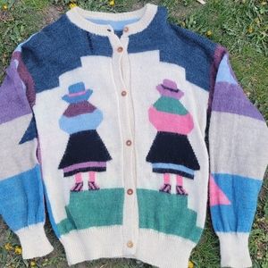 Peruvian Sweater Cardigan Native Women Llama Alpaca Wool Ivory Pink Blue Large